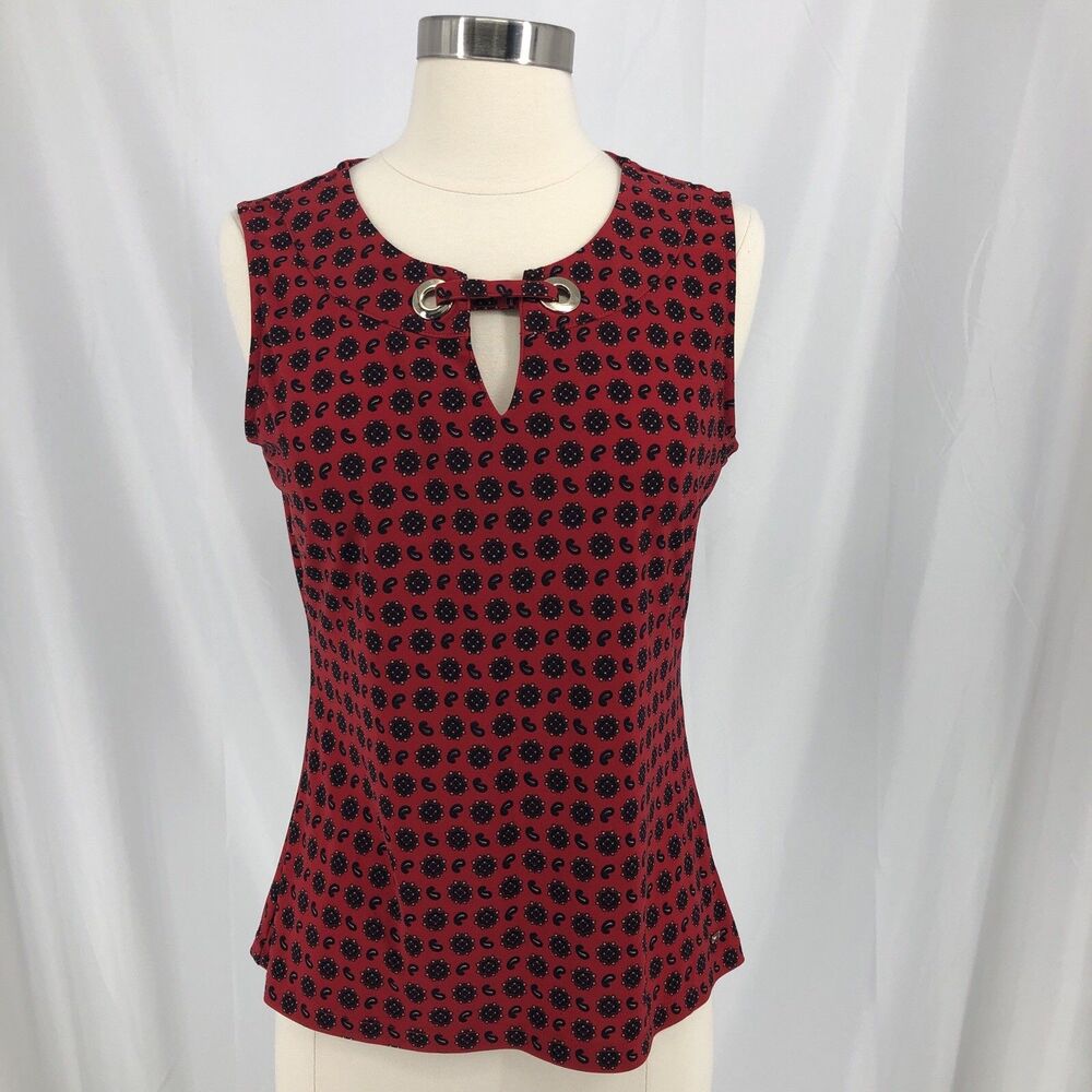 Tommy Hilfiger Grommeted Keyhole Neck Sleeveless Blouse Tank Top Stretch Red S